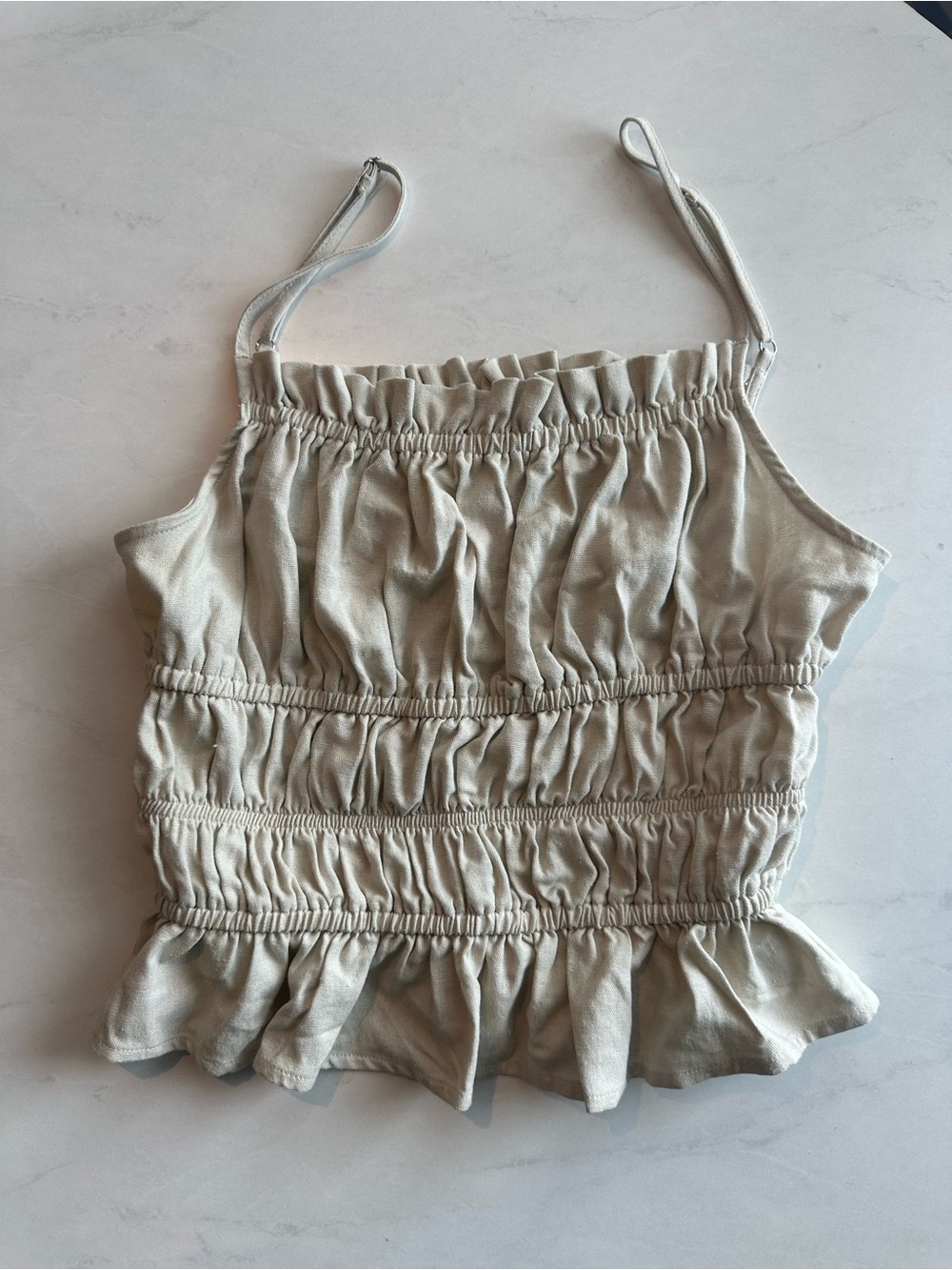 Linen Cream Smocked Ruffle Cami Tank top in size small